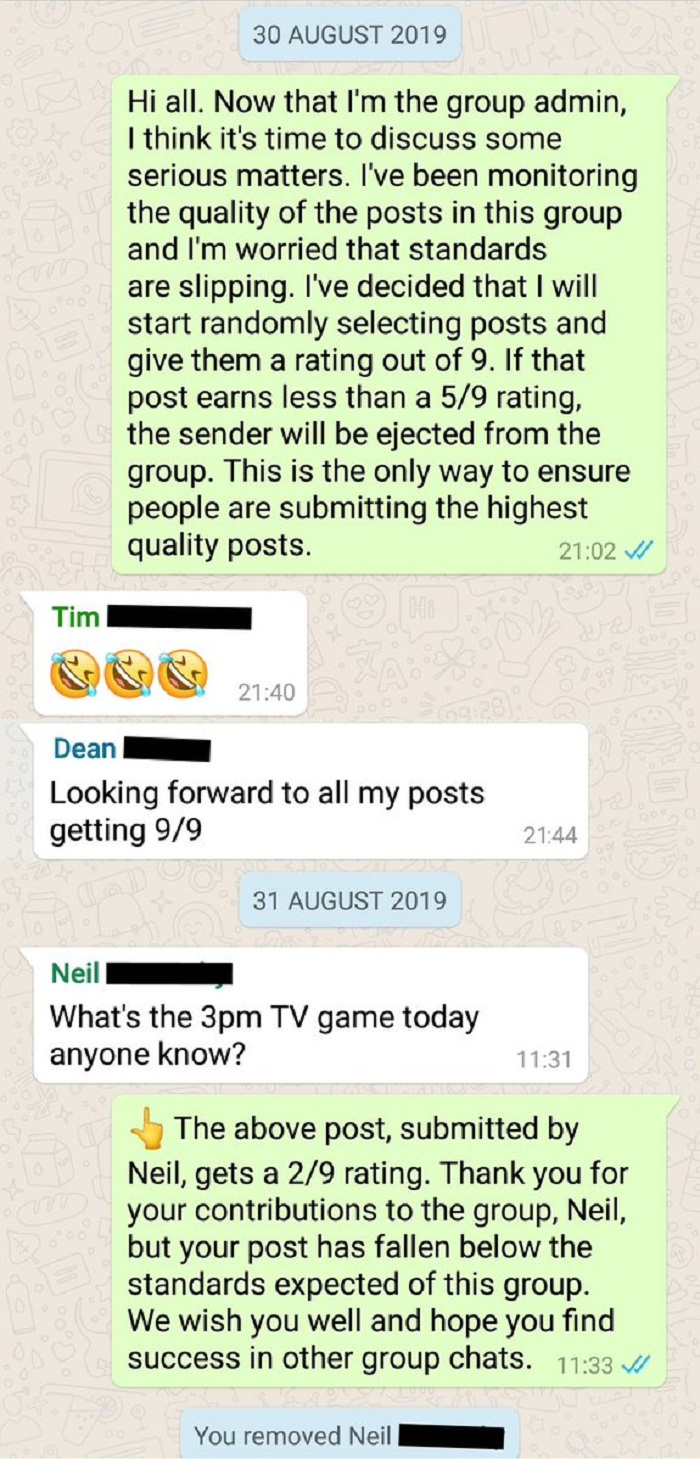 WhatsApp Group Admin Removes Members Posting Substandard Posts